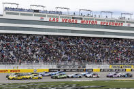 Drivers take to the track for their first lap during a NASCAR Cup Series auto race Sunday, March 5, 2023, in Las Vegas. (AP Photo/Ellen Schmidt)