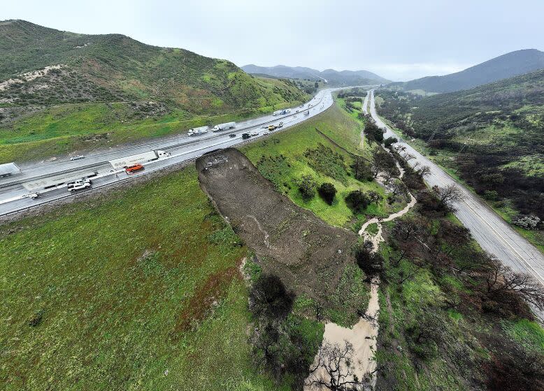 A landslide in late March damaged a portion of Interstate 5 in the southern section of the Grapevine near Pyramid Lake on March 30, 2023.