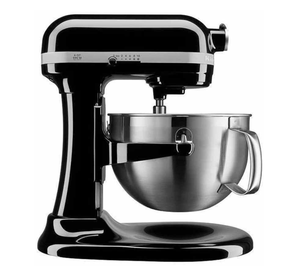 shiny black KitchenAid 6-qt 590 W Bowl Lift Mixer with stainless steel bowl