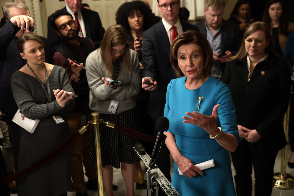 WASHINGTON, DC - MARCH 13:  U.S. Speaker of the House Rep. Nancy Pelosi (D-CA) speaks to members of the media at the U.S. Capitol March 13, 2020 in Washington, DC. Speaker Pelosi held a briefing on the Coronavirus Aid Package Bill that will deal with the outbreak of COVID-19.  (Photo by Alex Wong/Getty Images)