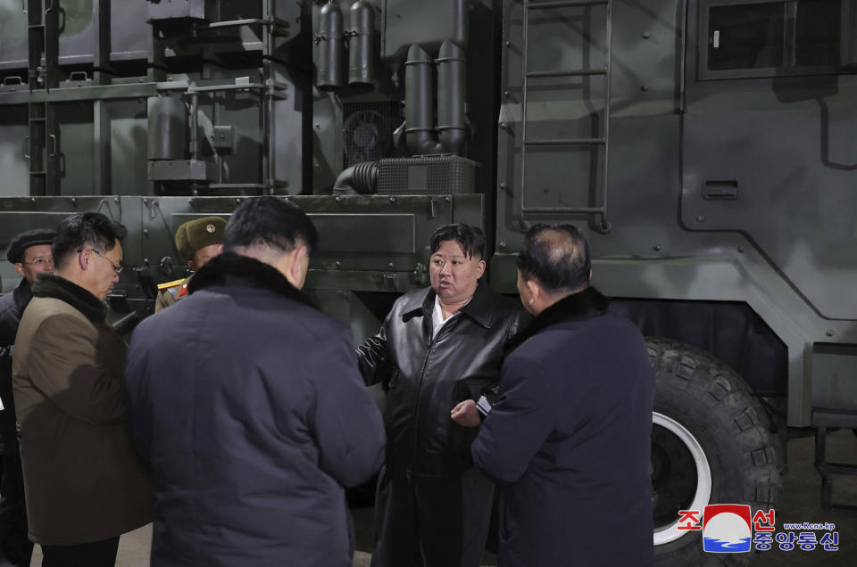 In this photo provided on Wednesday, Jan. 10, 2024, by the North Korean government, North Korean leader Kim Jong Un, second right, inspects as he tours munitions factories on Jan. 8-9, 2024, in North Korea. Independent journalists were not given access to cover the event depicted in this image distributed by the North Korean government. The content of this image is as provided and cannot be independently verified. (Korean Central News Agency/Korea News Service via AP)