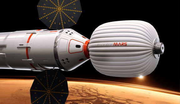 An artist's illustration of the Inspiration Mars Foundation's spacecraft for a 2018 mission to Mars by a two-person crew. The private Mars mission would be a flyby trip around the Red Planet.