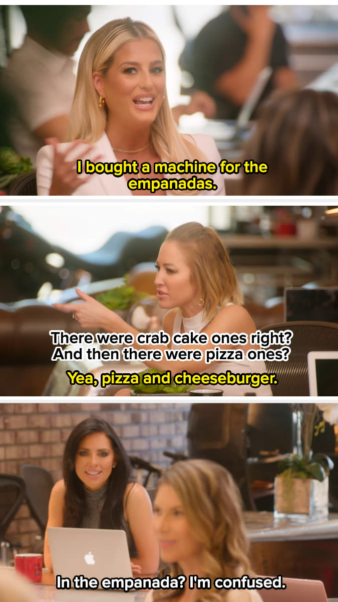 Emma and others talking about pizza and cheeseburger empanadas, and one person says they're confused