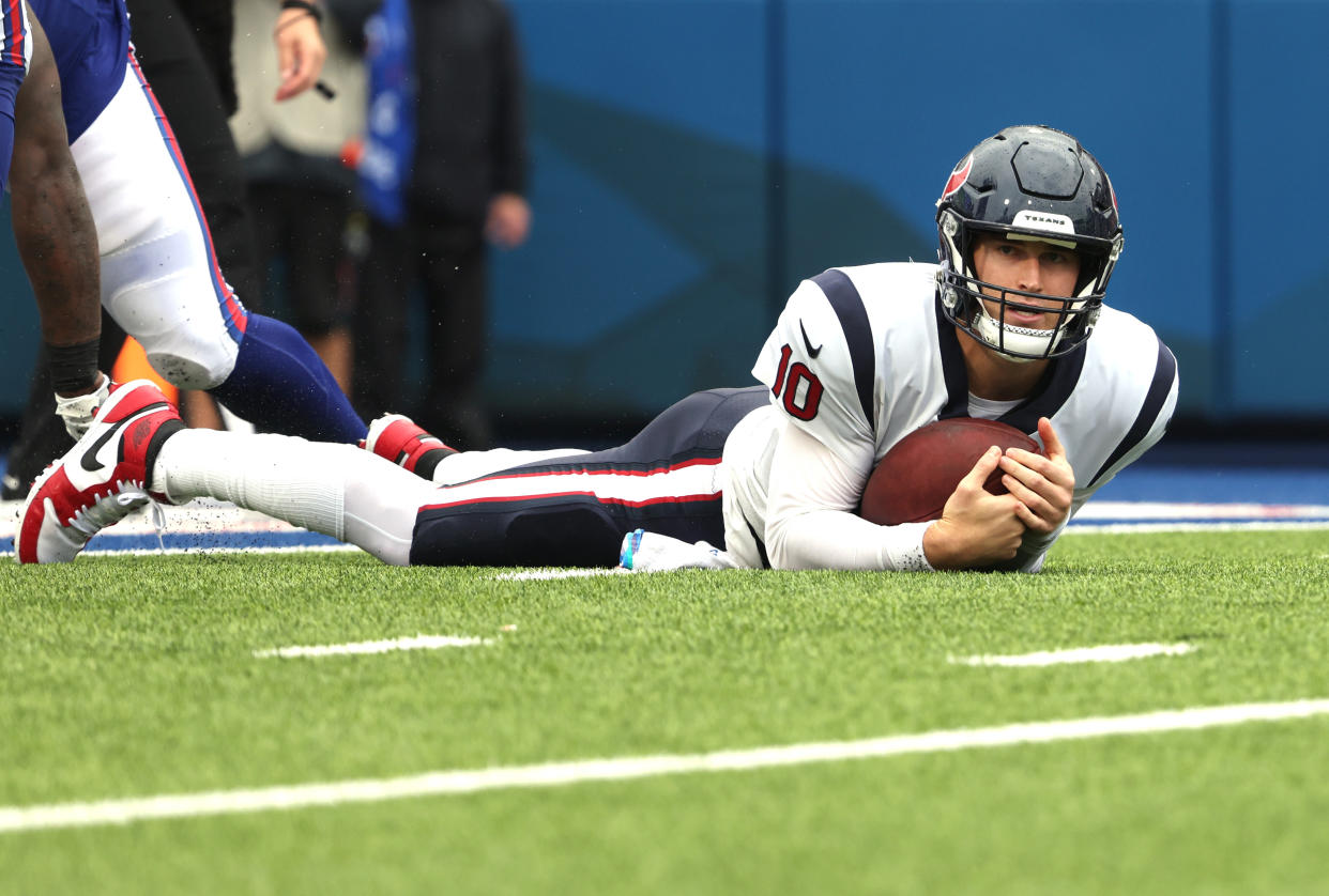 ORCHARD PARK, NEW YORK - OCTOBER 03: Quarterback Davis Mills #10 of the Houston Texans reacts after being sacked by the Buffalo Bills in second quarter at Highmark Stadium on October 03, 2021 in Orchard Park, New York. (Photo by Timothy T Ludwig/Getty Images)