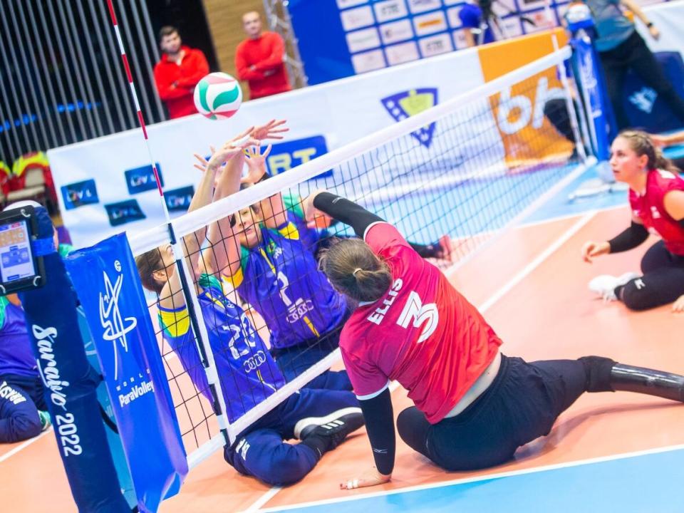 Danielle Ellis (3) of the Canadian women's sitting volleyball team makes a play at the net during a five-set loss to Brazil on Friday in the finals of the World Sitting Volleyball Championship in Sarajevo, Bosnia and Herzegovina. (Provided by Volleyball Canada - image credit)
