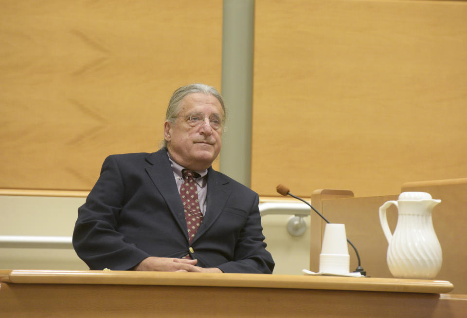 Attorney Norm Pattis sits on the witness stand during a Show Cause Hearing in Waterbury Superior Court in Waterbury, Conn., Thursday, Aug. 25, 2022. (H John Voorhees III/Hearst Connecticut Media via AP, Pool)