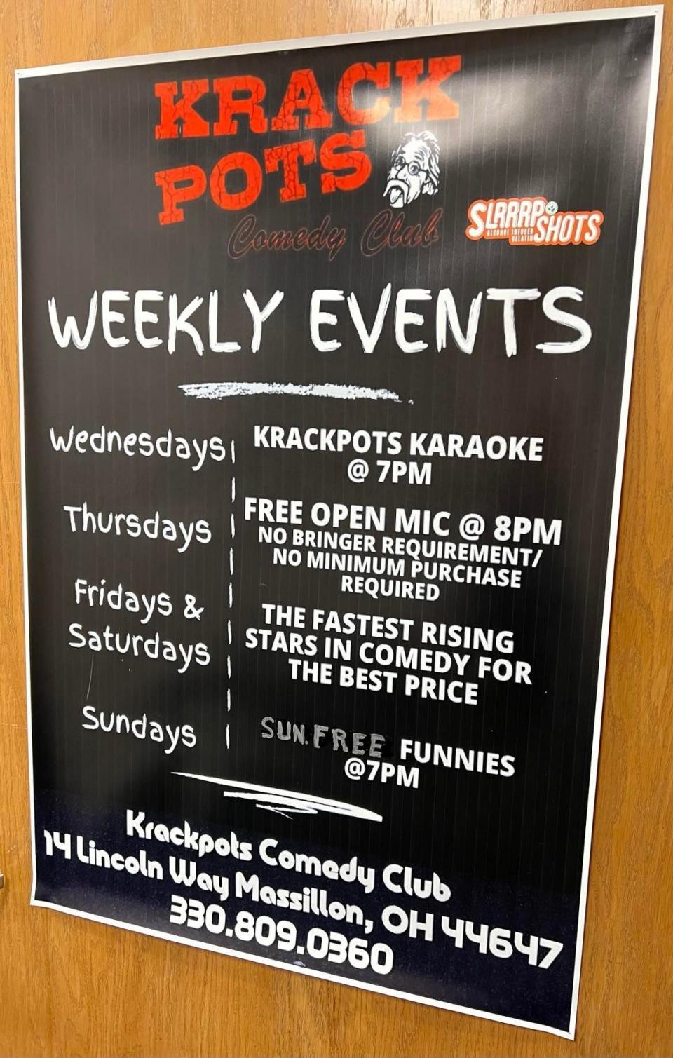 Krackpots Comedy Club in downtown Massillon features open mic nights, as well as nationally touring comedians on Friday and Saturday. Comedy workshops are also offered.