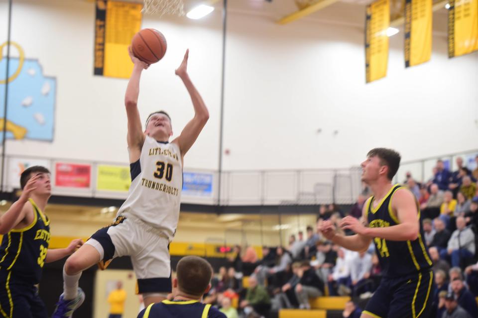 Littlestown's Christopher Meakin goes up for a shot against Eastern York Friday. Meakin finished with 24 points. Eastern York beat Littlestown, 57-49, in the YAIAA boys' basketball quarterfinals at Red Lion High School, Friday, Feb. 11, 2023.