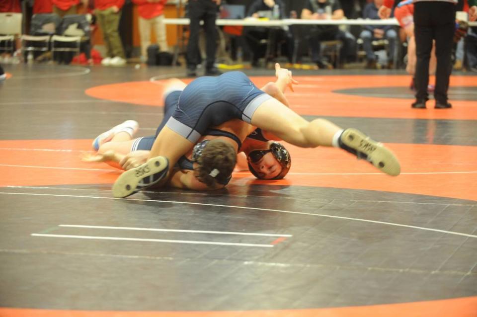 Penns Valley’s Ty Watson looks to pin Philipsburg-Osceola’s Nate Fleck in their 152-pound quarterfinals match of the Laurel Highlands Athletic Conference tournament on Friday at Tyrone. Watson did pin Fleck in 1:02. Nate Cobler/ncobler@centredaily.com