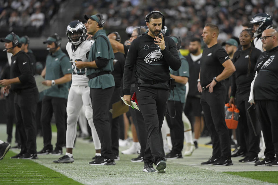 Philadelphia Eagles head coach Nick Sirianni walks on the sidelines during the second half of an NFL football game against the Las Vegas Raiders, Sunday, Oct. 24, 2021, in Las Vegas. (AP Photo/David Becker)