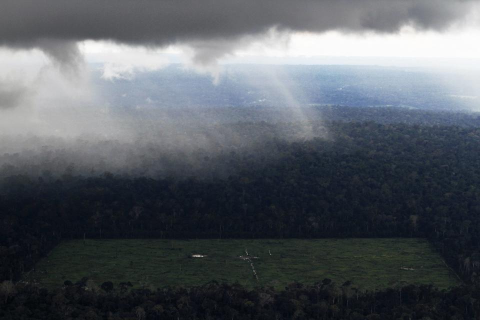 File photo of an aerial view of a tract of Amazon rainforest which has been cleared for agriculture near Santarem