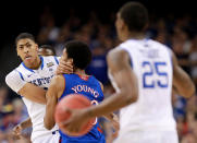 Anthony Davis #23 of the Kentucky Wildcats looks to get position to catch the pass against Kevin Young #40 of the Kansas Jayhawks in the second half in the National Championship Game of the 2012 NCAA Division I Men's Basketball Tournament at the Mercedes-Benz Superdome on April 2, 2012 in New Orleans, Louisiana. (Photo by Ronald Martinez/Getty Images)