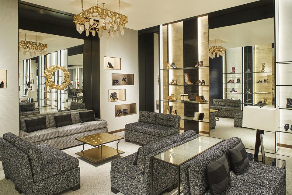 <p>On the second floor is the shoe salon, complete with a custom Goossens chandelier.</p>