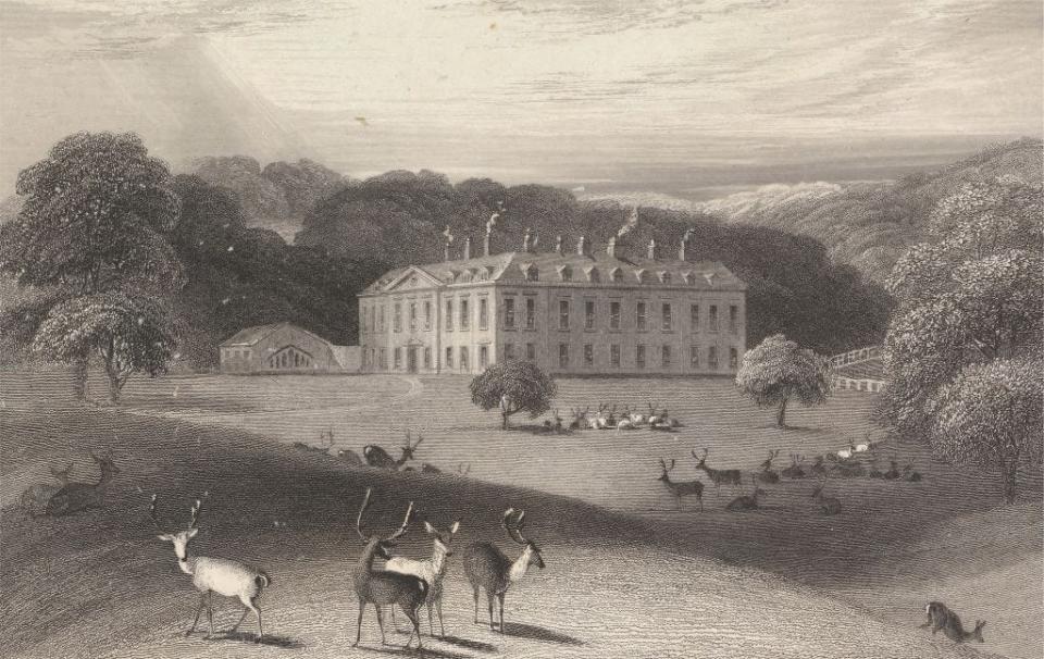 A drawing of Althorp House from the 19th century featuring many animals on the estate