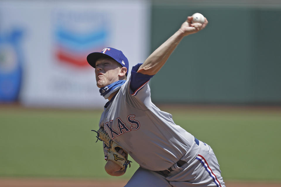 Texas Rangers pitcher Kolby Allard works against the San Francisco Giants during the first inning of a baseball game Sunday, Aug. 2, 2020, in San Francisco. (AP Photo/Ben Margot)