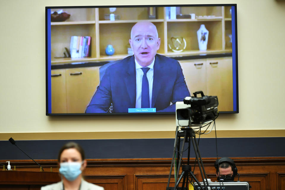 Amazon CEO Jeff Bezos testifies before the House Judiciary Subcommittee on Antitrust, Commercial and Administrative Law during a hearing on "Online Platforms and Market Power" in the Rayburn House office Building on Capitol Hill, in Washington, U.S., July 29, 2020. Mandel Ngan/Pool via REUTERS