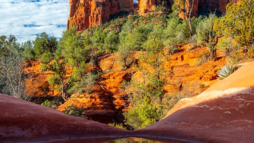 reflection,scenic view of lake by trees against sky during autumn,sedona,arizona,united states,usa