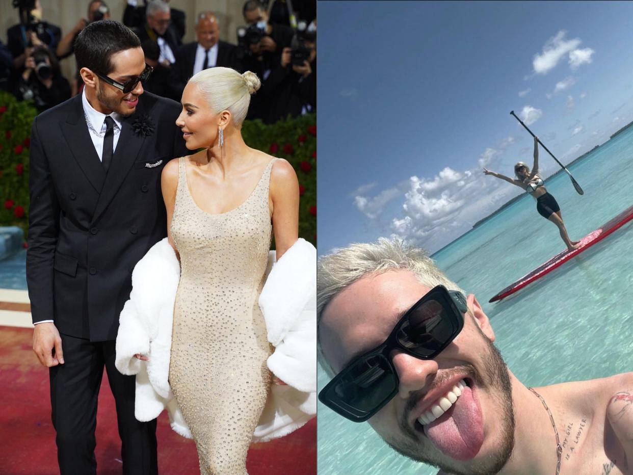 A collage of Kim Kardashian and Pete Davidson's sweetest moments, including their Met Gala photos and their vacation