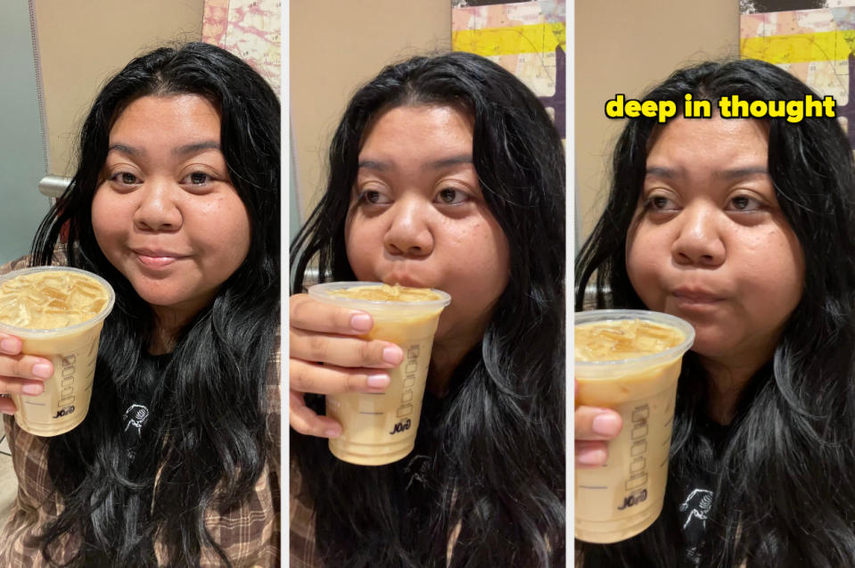 The author is showing another series of photos depicting her reaction to the drink. The last photo reads, "deep in thought"