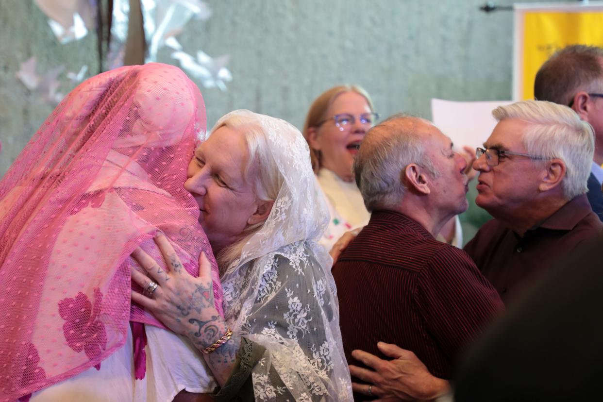 Same-sex and heterosexual couples renewed marriage vows at United Methodist Church in Palm Springs, Calif. on Jan. 1, 2020.