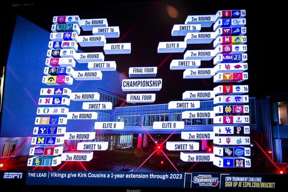 The bracket for the 2022 NCAA Women's NCAA Tournament is shown on a video board at Carver-Hawkeye Arena in Iowa City, Iowa.