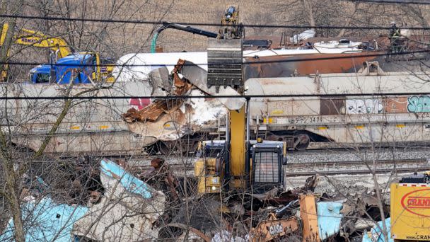 PHOTO: Workers continue to clean up remaining tank cars, Feb. 21, 2023, in East Palestine, Ohio, following the Feb. 3, Norfolk Southern freight train derailment. (Matt Freed/AP, FILE)