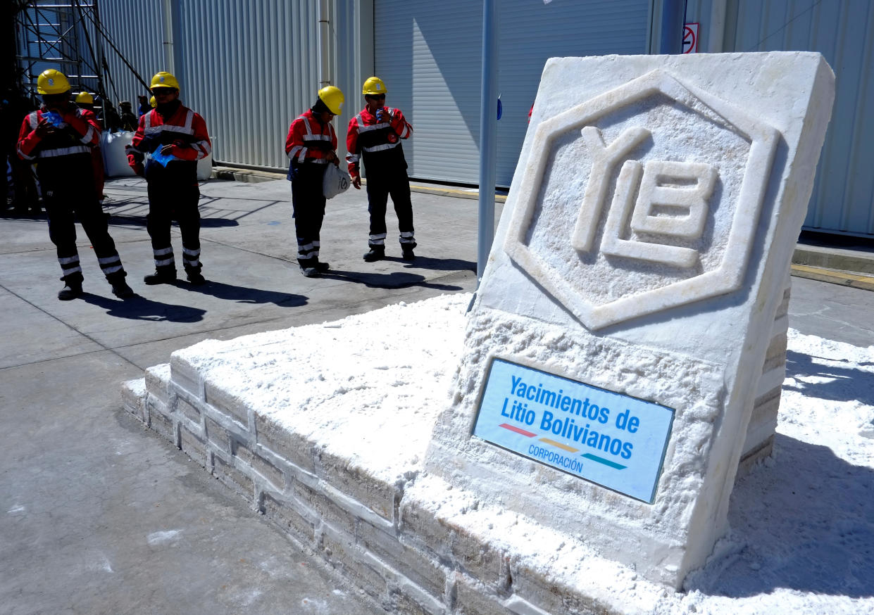 A sign made with salt blocks with the logo of state-owned Yacimientos de Litio Bolivianos (YLB), also known as Bolivian Lithium Deposits, is seen at the plant of Llipi in Uyuni, Bolivia, October 7, 2018. Picture taken October 7, 2018. REUTERS/David Mercado