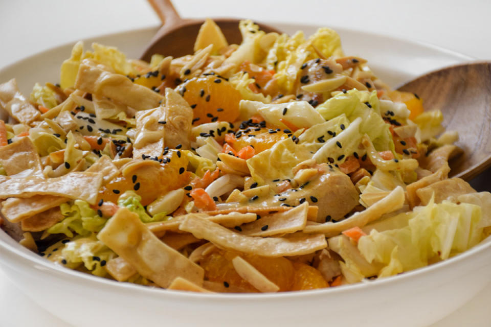 <p>BravaBod</p><p>Loaded with crisp beansprouts, Napa cabbage, almonds and juicy mandarin oranges in a tangy ginger dressing.</p><p><strong>Get the recipe:</strong> <a href="https://www.bravabod.com/recipe/crunchy-mandarin-salad-with-ginger-dressing/" rel="nofollow noopener" target="_blank" data-ylk="slk:Crunchy Mandarin Salad;elm:context_link;itc:0;sec:content-canvas" class="link ">Crunchy Mandarin Salad</a></p>