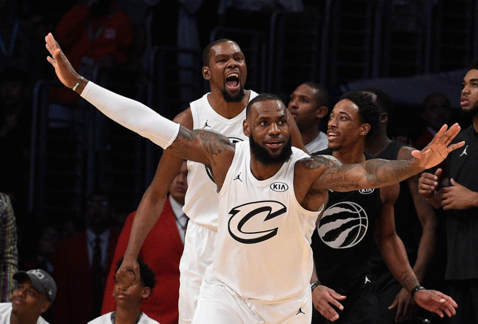 LeBron James and Kevin Durant played as teammates for the first time in an All-Star Game this past February. (Getty Images)