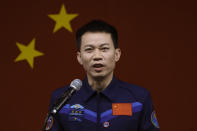 Tang Hongbo, a Chinese astronaut and commander for the upcoming Shenzhou-17 mission speaks during a meeting with the press at the Jiuquan Satellite Launch Center in northwest China, Wednesday, Oct. 25, 2023. (AP Photo/Andy Wong)