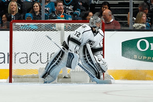 SAN JOSE, CA - OCTOBER 12: Jonathan Quick #32 of the Los Angeles Kings looks on during the NHL season opener game against the San Jose Sharks at SAP Center at San Jose on October 12, 2016 in San Jose, California. The Sharks defeated the Kings 2-1. (Photo by Nick Lust/NHLI via Getty Images)