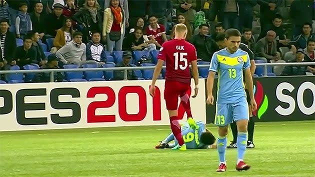 Glik's magic touch helped the Kazakh captain get to his feet. Pic: Sky Sports