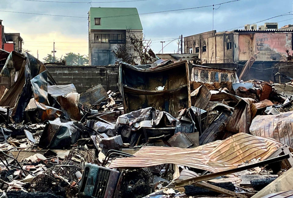 Two hundred shops and buildings made of wood and traditional materials were ravaged by fire in Wajima’s central market. (Janis Mackey Frayer)