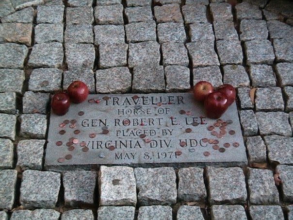 The grave of Traveller, Confederate Gen. Robert E. Lee’s horse, is marked by apples at Washington and Lee University in Lexington, Virginia.