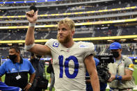 Los Angeles Rams wide receiver wide receiver Cooper Kupp (10) walks off the field after a win over the Tampa Bay Buccaneers in an NFL football game Sunday, Sept. 26, 2021, in Inglewood, Calif. (AP Photo/Kevork Djansezian)