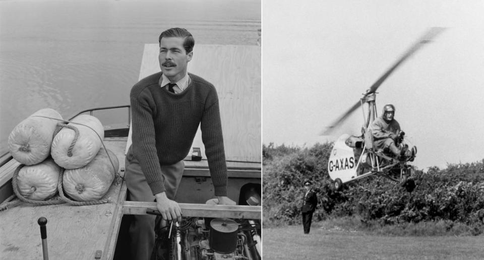 Side-by-side image. Left: Lord Lucan in a boat. Right: Policeman on an autogyro flying machine