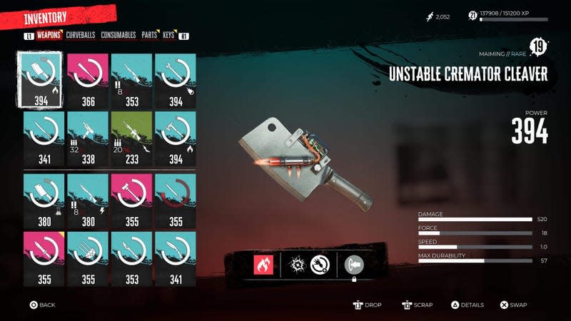 A cleaver is displayed in the Dead Island 2 weapon inventory.