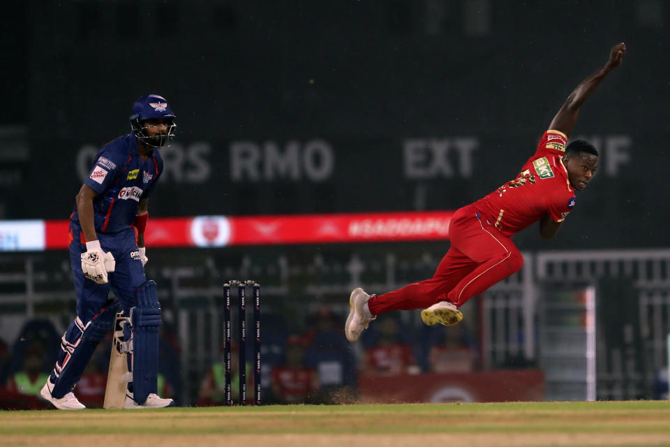 Punjab Kings' Kagiso Rabada bowls as Lucknow Super Giants' captain KL Rahul looks on during the Indian Premier League cricket match between Lucknow Super Giants and Punjab Kings in Lucknow, India, Saturday, April 15, 2023. (AP Photo/Surjeet Yadav)