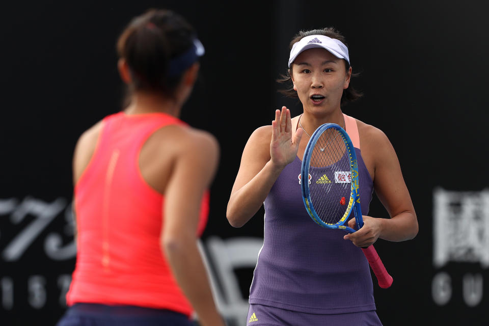 Shuai Peng (pictured right) during a Women's Doubles first round match at the 2020 Australian Open.