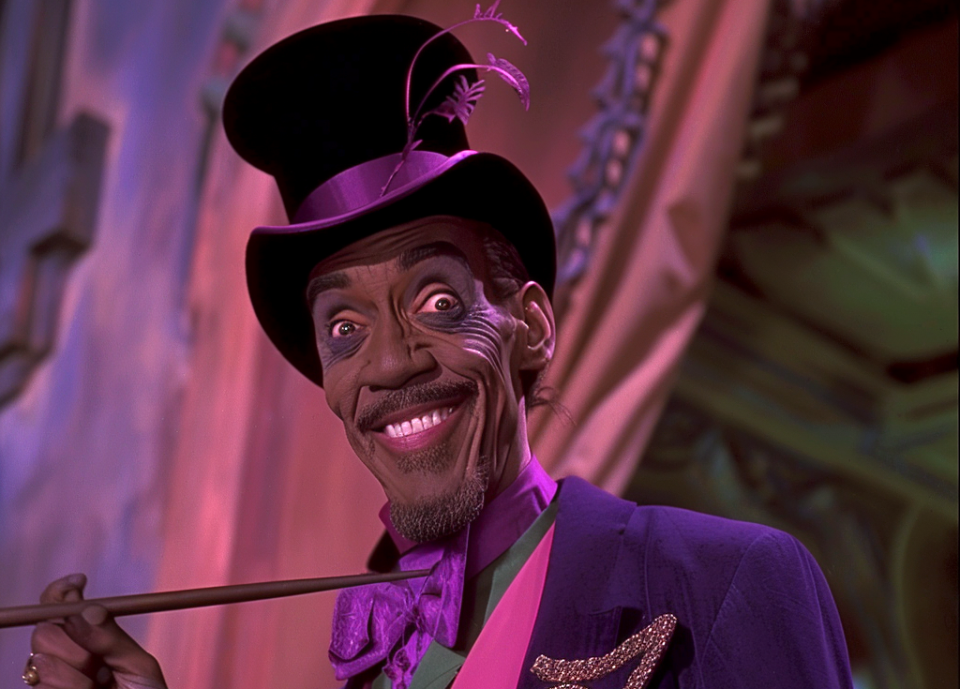 Character Dr. Facilier from "The Princess and the Frog" smiles slyly wearing a top hat and holding a cane