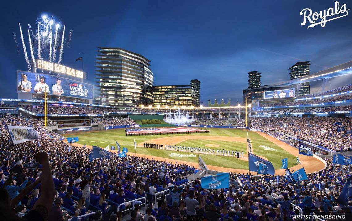 A rendering, provided by the Royals, of what a new downtown Kansas City ballpark could look like.