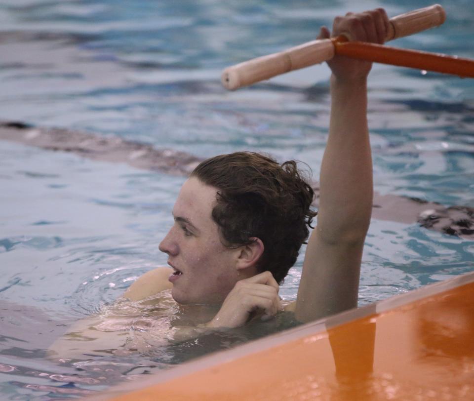 Our Lady of Lourdes swimmer, Edward Horgan, after completing in the 50 freestyle during Friday's meet against Arlington held at Marlboro High School on January 21, 2022.