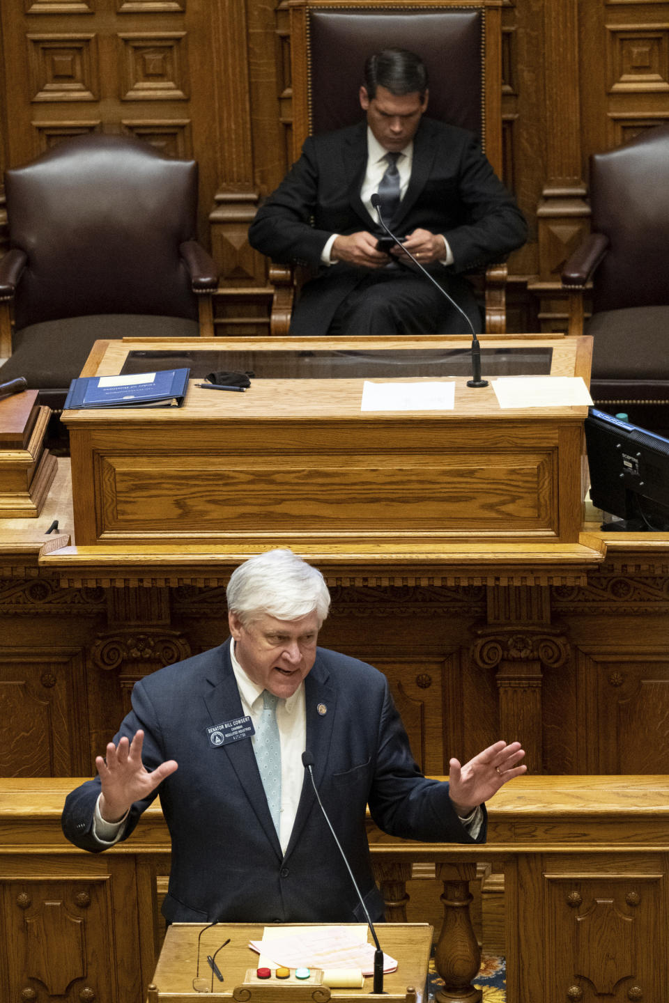 Sen. Bill Cowsert (R-Athens) speaks in favor of a bill to reform citizens arrest laws on Monday, March 29, 2021. Georgia state senators voted 34-18 for a bill that loosens the state's gun laws less than two weeks after police say a man bought a gun and killed eight people at three different massage businesses. (Ben Gray/Atlanta Journal-Constitution via AP)