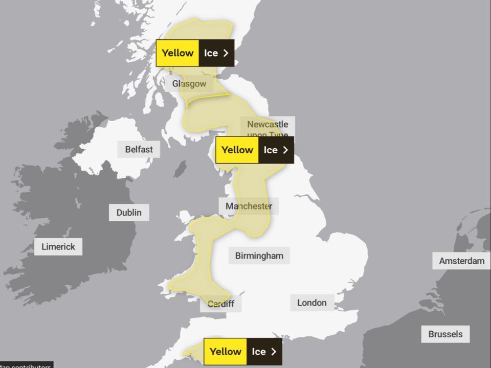 A map showing the areas issued yellow weather warnings for ice on Saturday (Met Office)