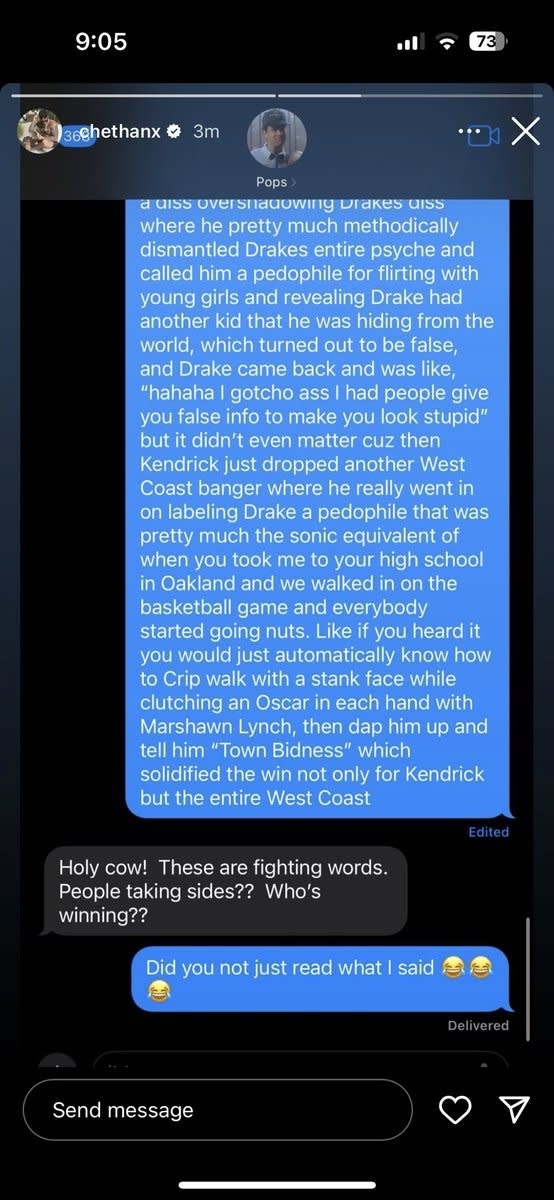 If you're unable to read the pic, the conversation goes:Tom: Big Main, can you explain the Drake/Kendrick Lamar feud to me?Chet: Yeah, so Drake and this other dude J Cole been saying they along with Kendrick are the 
