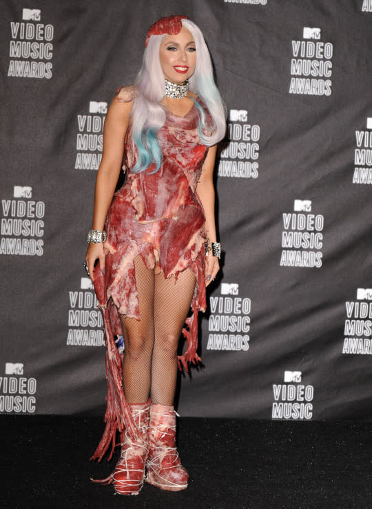 <p>Only show-stealer Lady Gaga could upstage herself at the VMAs. You think it would be honor enough for her to take home the trophy for Video of the Year. But no. Gaga received her trophy wearing a dress literally made of raw meat. The beefy couture, which the good Lady had said is her favorite stage costume of all time, has since been preserved by a taxidermist and put on display at the Rock and Roll Hall of Fame. (Source: Getty Images) </p>