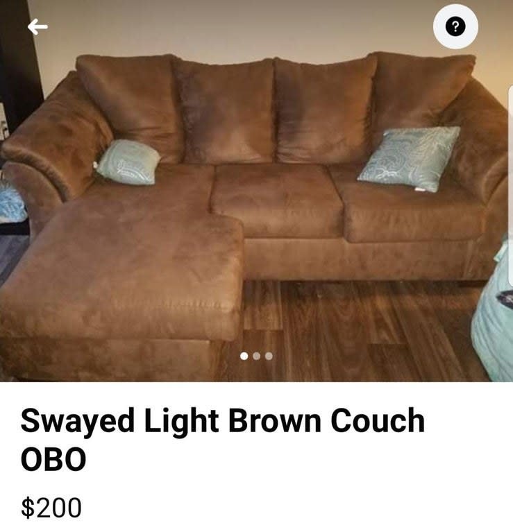 Marketplace ad reading, "Swayed light brown couch"