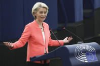 European Commission President Ursula von der Leyen delivers a State of the Union Address at the European Parliament in Strasbourg, France, Wednesday, Sept. 15, 2021. The European Union announced Wednesday it is committing 200 million more coronavirus vaccine doses to Africa to help curb the COVID-19 pandemic on a global scale. (Yves Herman, Pool via AP)