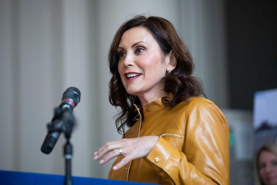 Michigan Gov. Gretchen Whitmer, pictured Oct. 5 in Grand Rapids, faces Republican Tudor Dixon in the Nov. 8 gubernatorial election.