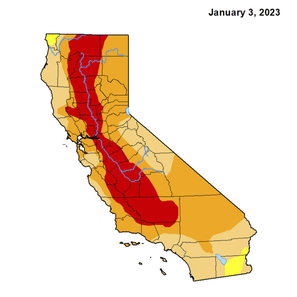 This map released courtesy of National Drought Mitigation Center shows California on Jan. 3, 2023. Atmospheric rivers pounding California since late last year have coated mountains with a full winter's worth of snow and begun raising reservoir levels but experts say it will take much more to precipitation to reverse the effects of years of drought.(National Drought Mitigation Center via AP)